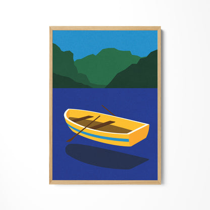 a yellow boat floating on top of a body of water