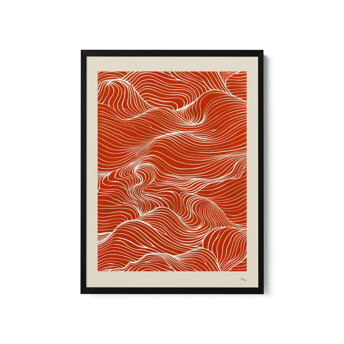 a red and white print with wavy lines