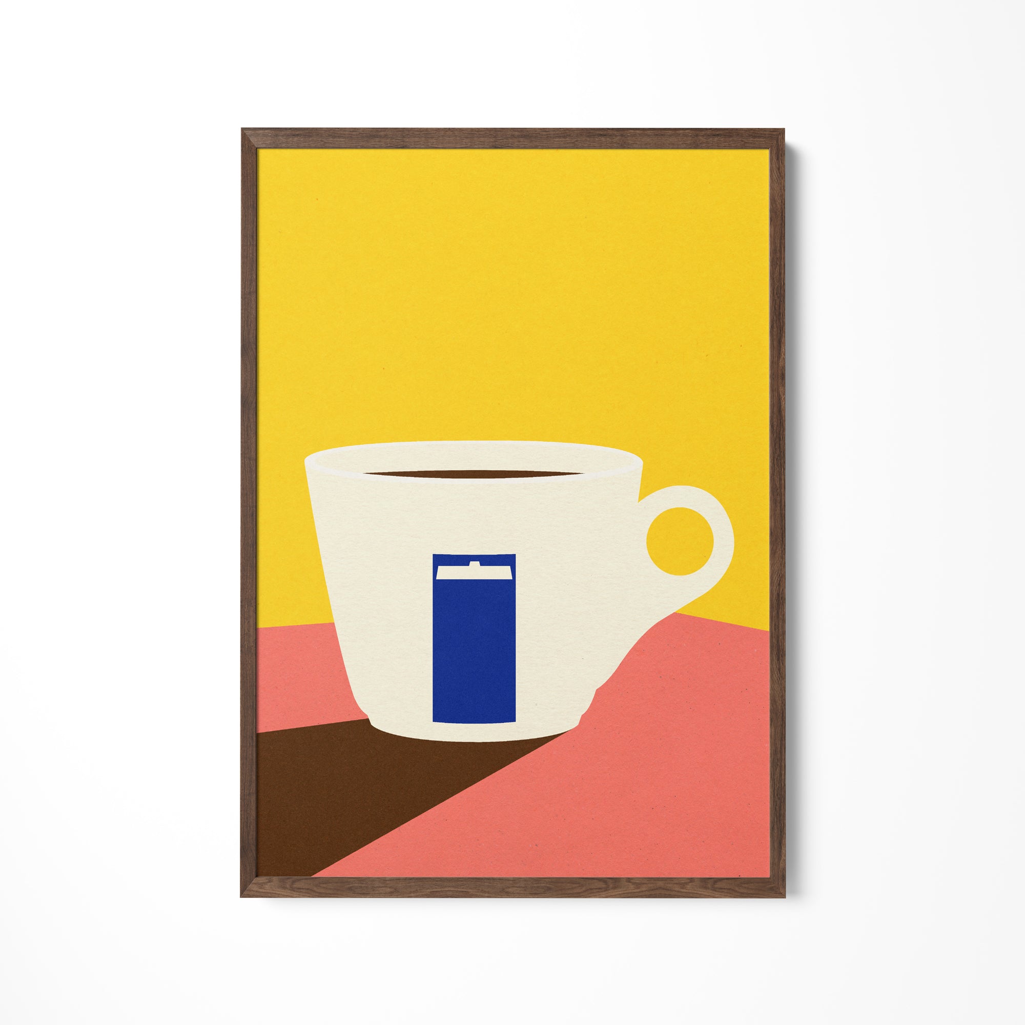 a painting of a cup of coffee on a yellow background