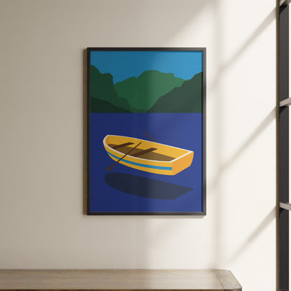 a picture of a yellow boat on the water