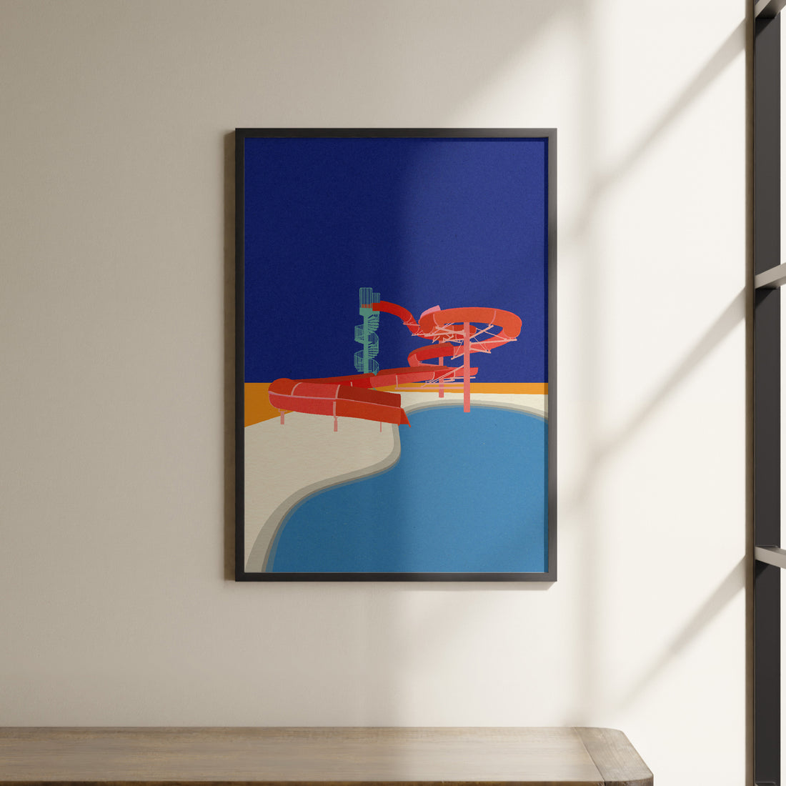 a painting hanging on a wall next to a shelf