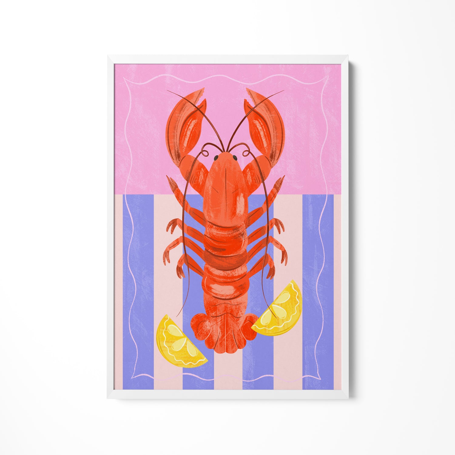 a painting of a lobster with lemon slices