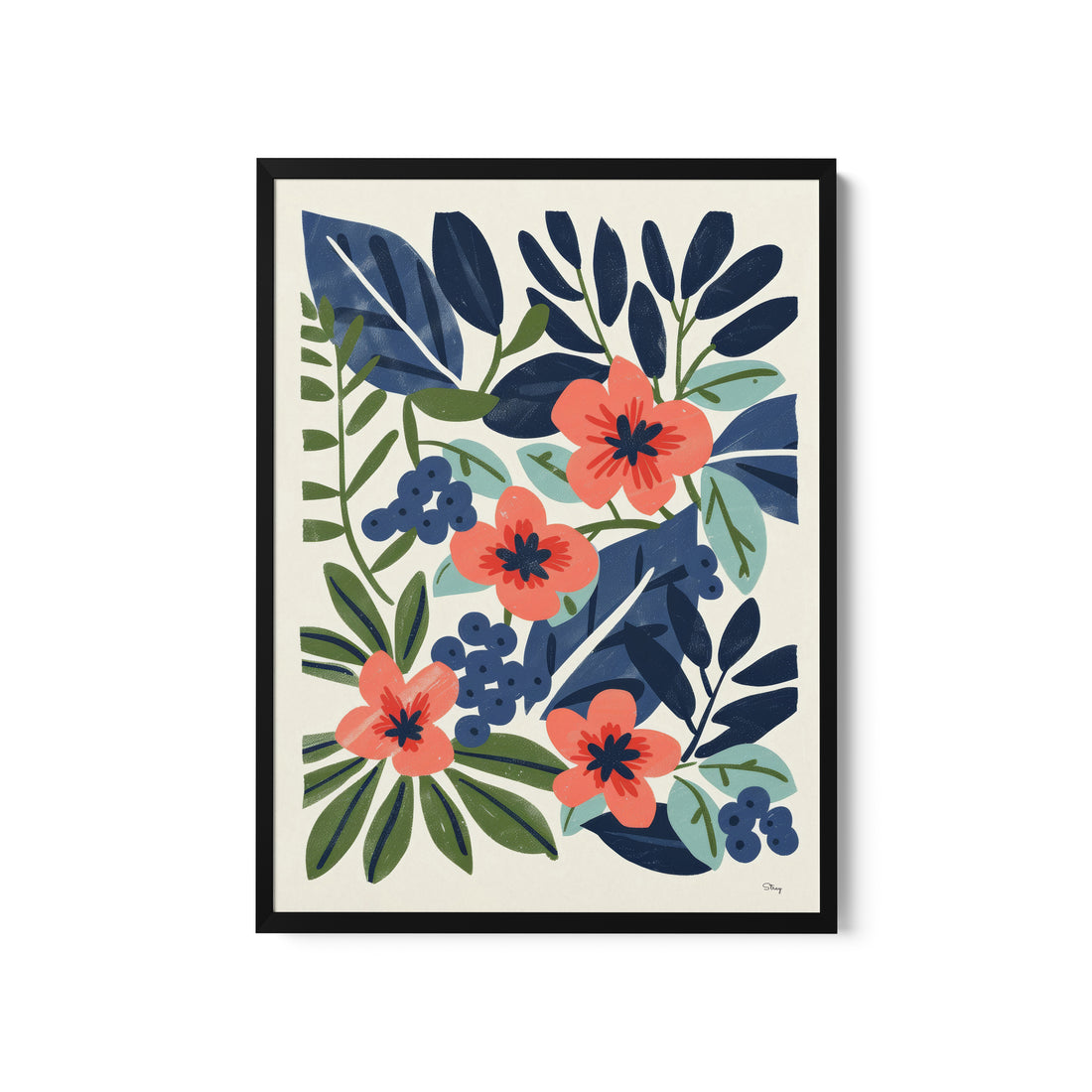 a blue and red floral print on a white background