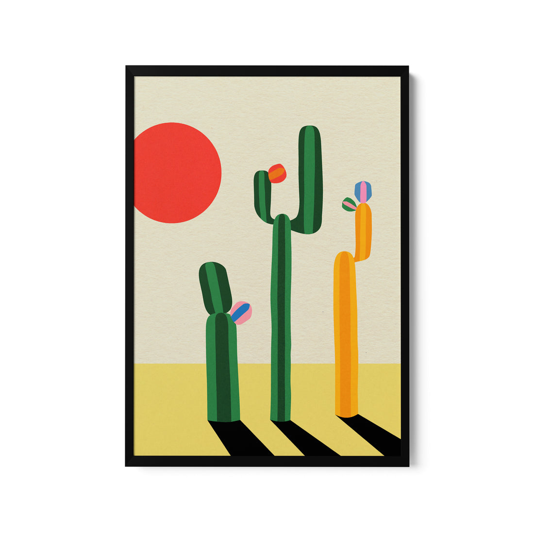 a picture of a cactus with a sun in the background