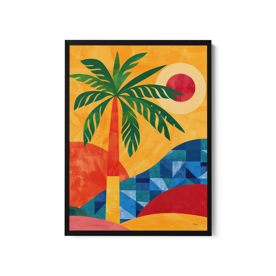 a painting of a palm tree with a sunset in the background