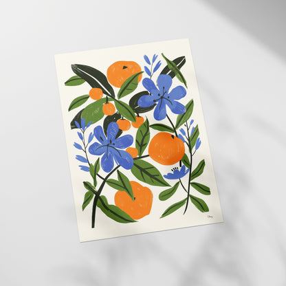 a picture of an oranges and blue flowers on a white background