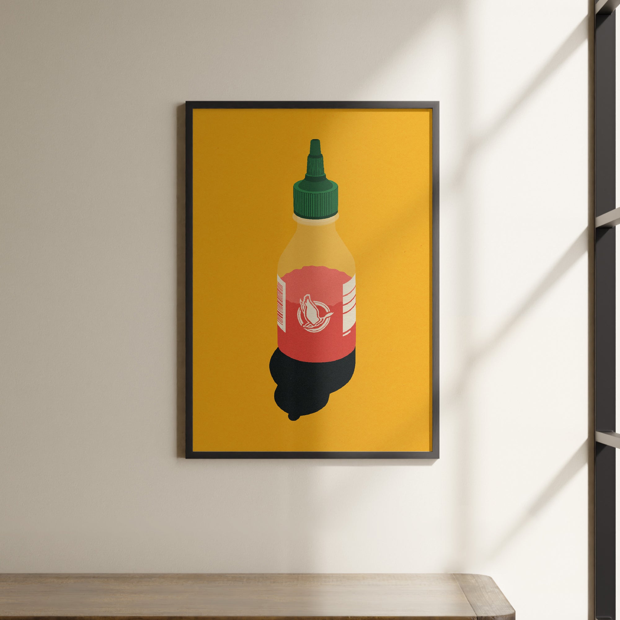 a picture of a bottle of ketchup hanging on a wall