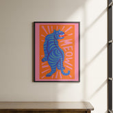 a picture of a blue tiger on an orange background